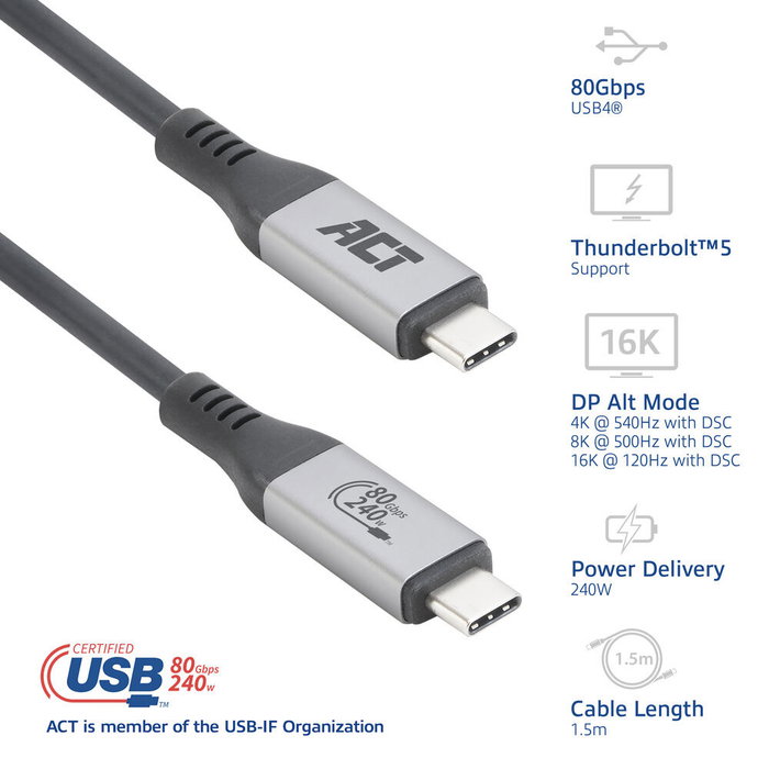 ACT Connectivity AC7452 Câble USB4 80 Gbps Type-C Thunderbolt 5 240W EPR 1,5m Noir