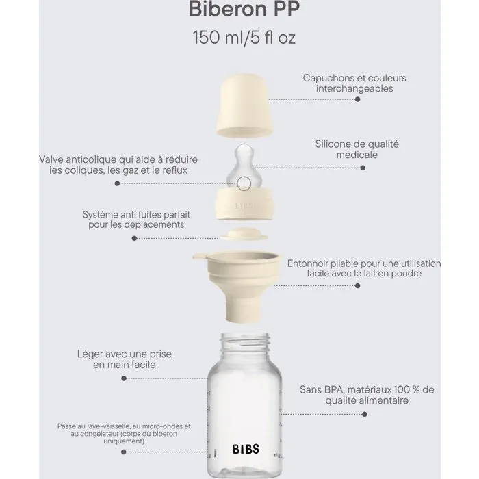 Bibs Grow & Flow Kit de Biberons Silicone Embout Rond Ivory (150 ml & 270 ml, Pack de 2)