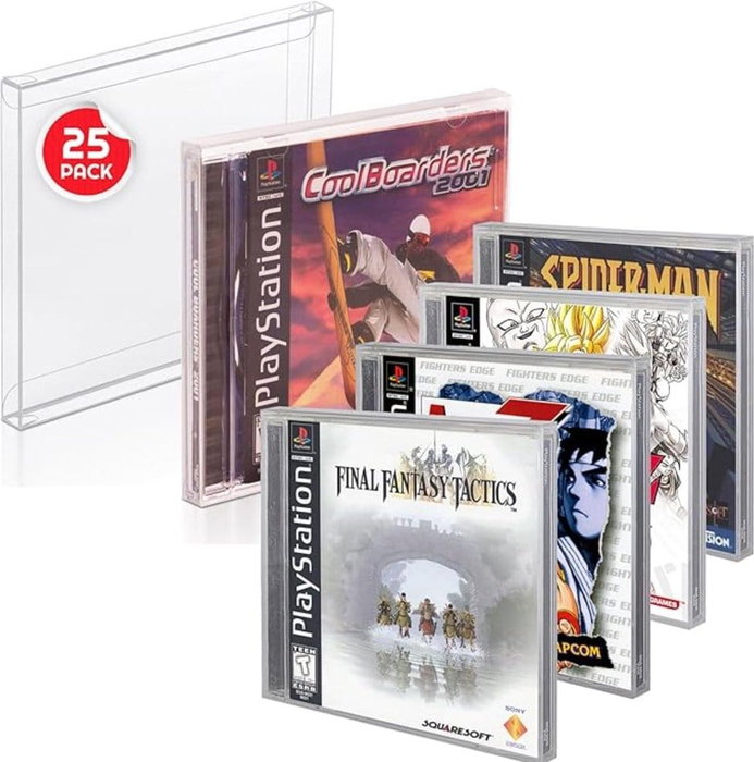 Evoretro Pack de 25 boîtes de protection en PET pour jeux PS1, Single CD et Dreamcast