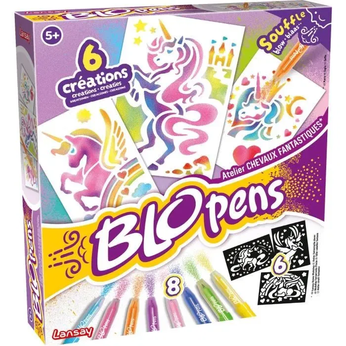 Lansay Blopens Atelier Chevaux Fantastiques, Feutres Aérographes avec Pochoirs Licorne et Pégase pour Enfant dès 5 Ans