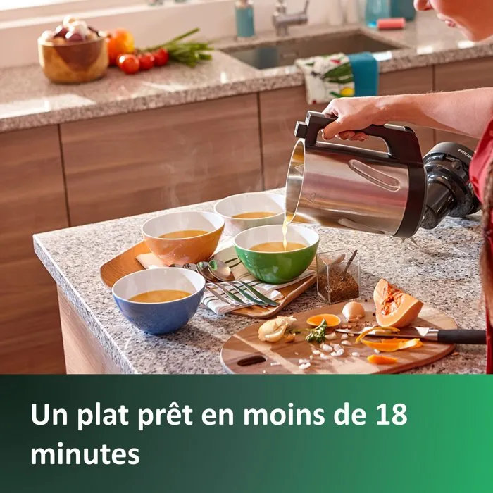 Philips HR2203/80 SoupMaker Série 3000 - Blender chauffant pour soupe, smoothies et compotes, 5 programmes, 1000W, bol 2L métal, inclut livre de recettes