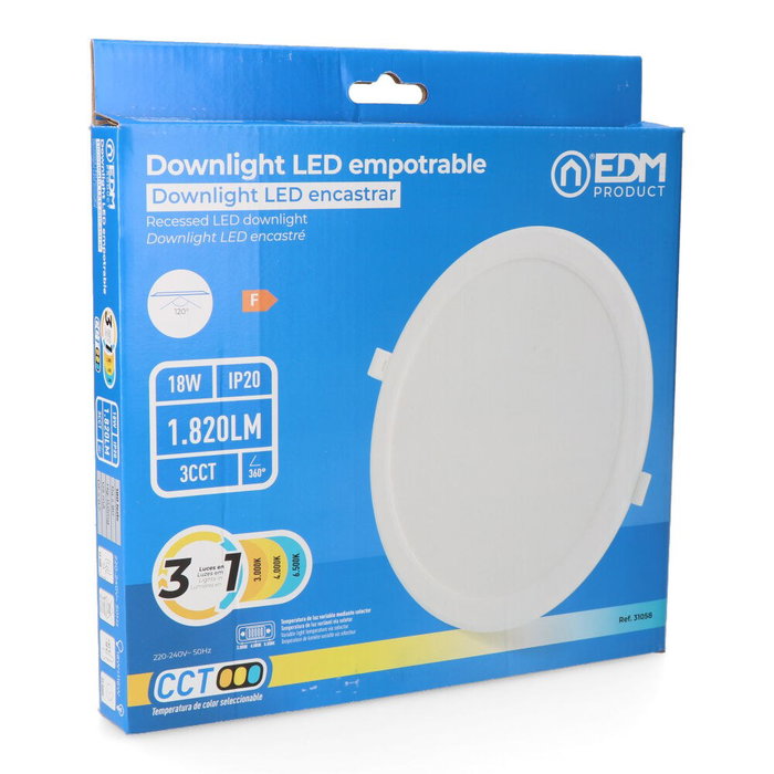 Edm Downlight LED encastrable rond, 18 W, 3CCT, blanc, ø22,3 cm