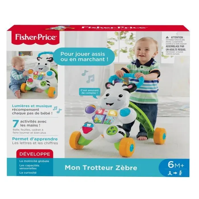 Fisher-Price Trotteur Bébé Parlant Zèbre, Aide aux Premiers Pas, 6 Mois et Plus, Modèle DLD96, Blanc et Multicolore