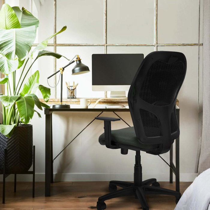 Chaise Alocén Synchro 3 positions tissu Vert émeraude Maille Noir Structure polyamide noire Accoudoir 1D Sans appui-tête Roulettes en nylon 50 mm