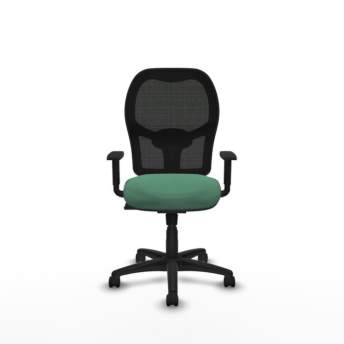 Chaise Alocén Synchro 3 positions tissu Vert émeraude Maille Noir Structure polyamide noire Accoudoir 1D Sans appui-tête Roulettes en nylon 50 mm