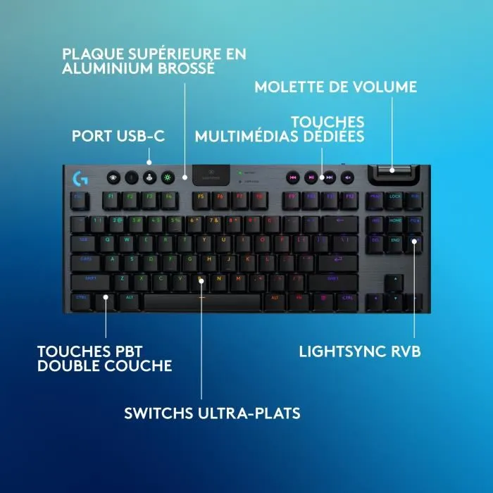 Logitech G G915 TKL X - Clavier gamer sans fil AZERTY avec switchs tactiles, rétroéclairage et fonctions raccourcis - Noir