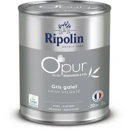 RIPOLIN - 472824 - Peinture O'PUR Gris Galet 2 L - Satin Velouté - Pour Murs, Boiseries, Radiateurs - 97% Biosourcée, Ecolabel