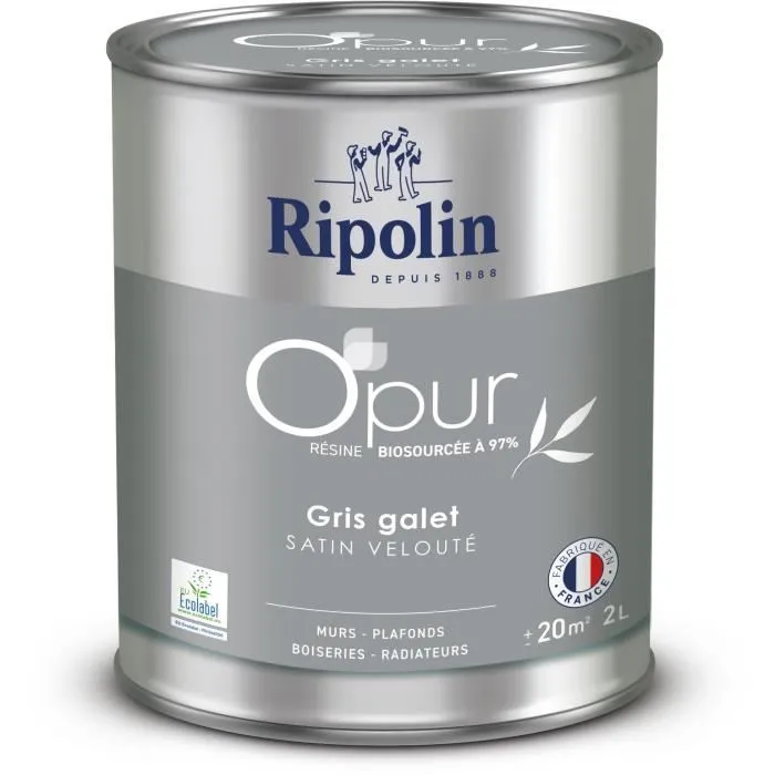RIPOLIN - 472824 - Peinture O'PUR Gris Galet 2 L - Satin Velouté - Pour Murs, Boiseries, Radiateurs - 97% Biosourcée, Ecolabel