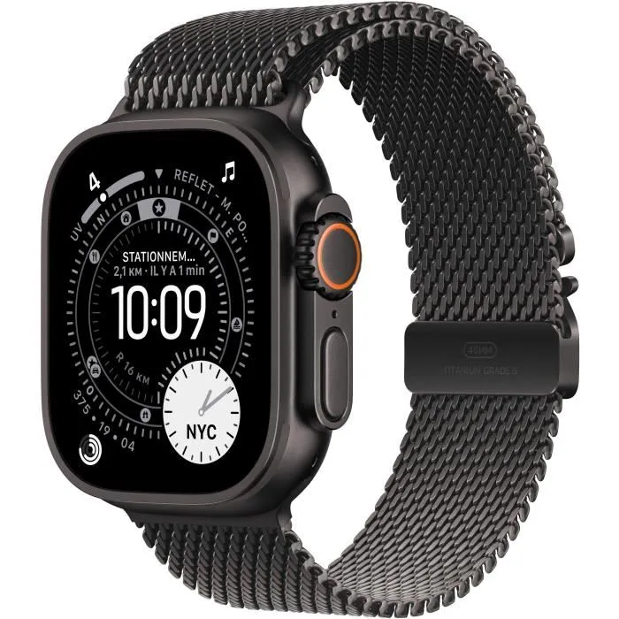 Apple Watch Ultra 3 GPS + Cellular 49mm Boîtier et Bracelet Titanium Noir Milanese Loop Large Apple Watch Ultra 3 GPS + Cellular 49mm Boîtier et Bracelet Titanium Noir Milanese Loop Large