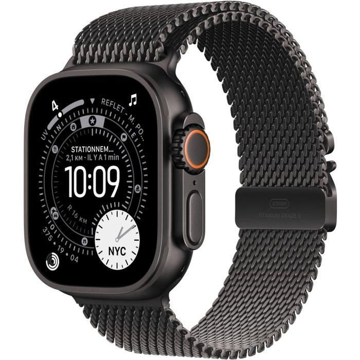 Apple Watch Ultra 3 GPS + Cellular - 49mm - Boîtier Black Titanium - Bracelet Black Titanium Milanese Loop - Large Apple Watch Ultra 3 GPS + Cellular - 49mm - Boîtier Black Titanium - Bracelet Black Titanium Milanese Loop - Large