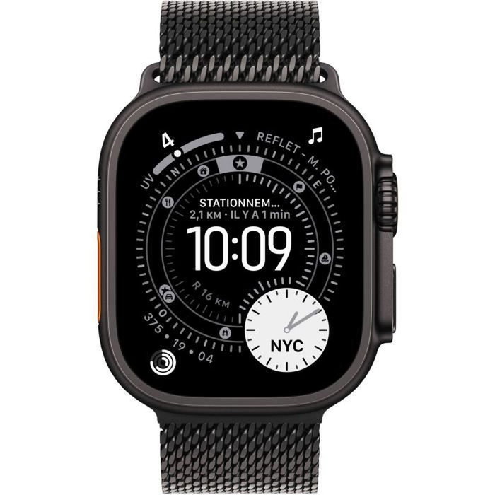 Apple Watch Ultra 3 GPS + Cellular - 49mm - Boîtier Black Titanium - Bracelet Black Titanium Milanese Loop - Large Apple Watch Ultra 3 GPS + Cellular - 49mm - Boîtier Black Titanium - Bracelet Black Titanium Milanese Loop - Large