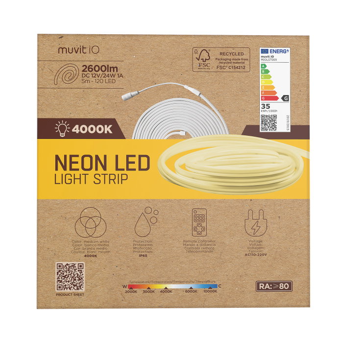 Muvit Io Neon Tira LED IP65 5 Mètres Blanche 4000K avec Télécommande Muvit Io Neon Tira LED IP65 5 Mètres Blanche 4000K avec Télécommande