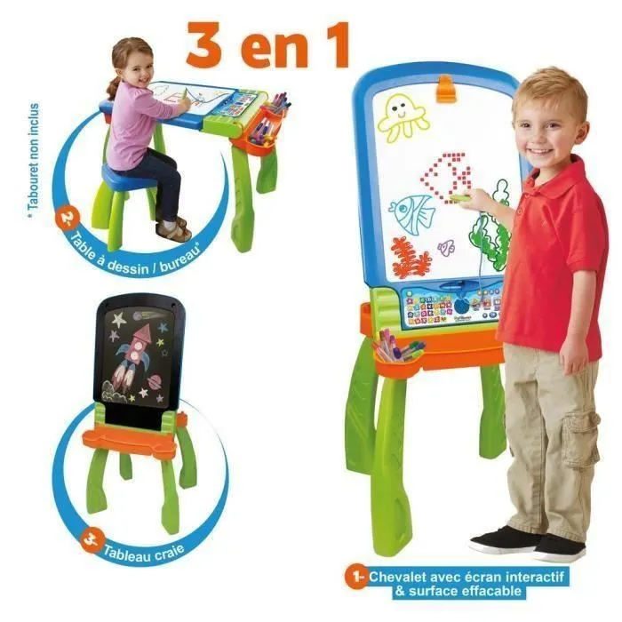 VTECH Magi - Chevalet Interactif 3 en 1 Évolutif avec Écran Lumineux, Stylet, Tableau Noir et Bureau de Dessin Multicolore - Pour Enfant à partir de 3 Ans - Version Française