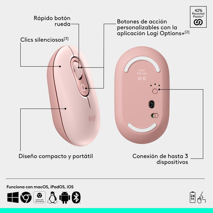 Logitech Souris Sans Fil Pop Mouse Rose - Bluetooth 5.1, Design Ergo, 4 Boutons Personnalisables, 24 Mois d’Autonomie