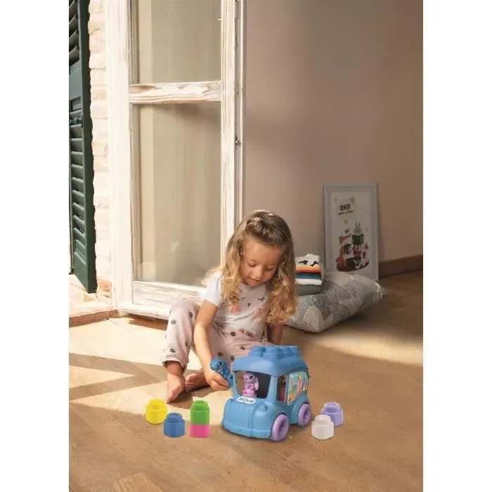 Clementoni Bus Stitch Clemmy - Jouet d'éveil sensoriel avec 6 cubes souples à empiler et 2 figurines - Pour bébé dès 6 mois - Motricité fine
