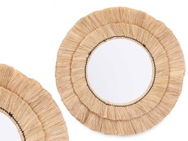 Giftdecor Miroir Rond Double Cadre Petit, Marron, Verre et Herbe, 57 x 57 x 3 cm