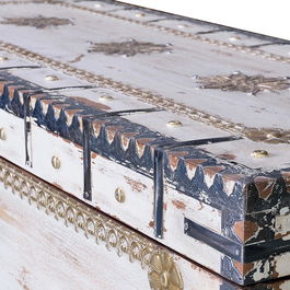 Giner y Colomer - Coffre de rangement en bois de manguier massif avec incrustations fer et bronze, finition blanc vieilli, 57 x 100 x 40 cm