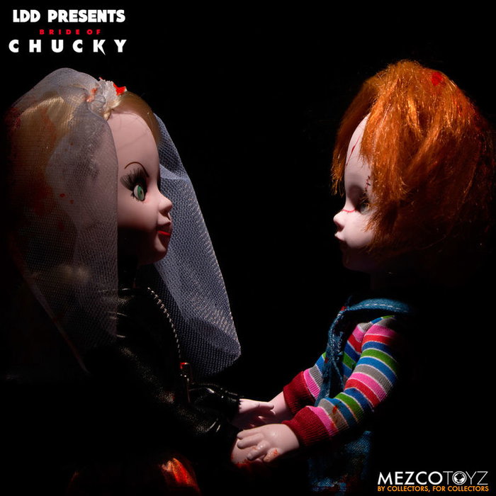 MEZCO TOYZ Set de 2 Poupées Living Dead Dolls Chucky et Tiffany - Figurines Articulées en PVC de 25 cm avec Vêtements en Tissu