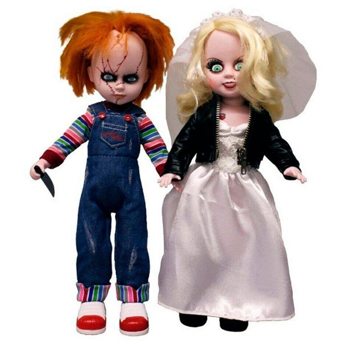 MEZCO TOYZ Set de 2 Poupées Living Dead Dolls Chucky et Tiffany - Figurines Articulées en PVC de 25 cm avec Vêtements en Tissu