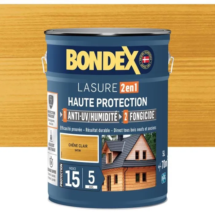 Bondex Lasure Bois 2 en 1 Haute Protection 5 Ans - Chêne Clair Satiné - Bidon 5 Litres Bondex Lasure Bois 2 en 1 Haute Protection 5 Ans - Chêne Clair Satiné - Bidon 5 Litres
