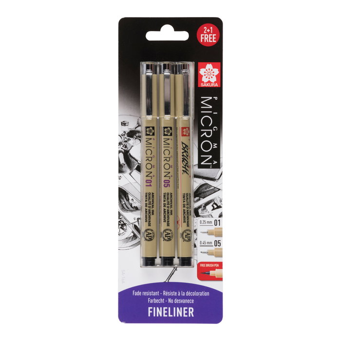 Sakura Pigma Micron Pack de 3 pièces - Noir (0,25 mm, 0,45 mm et Brush gratuit) Sakura Pigma Micron Pack de 3 pièces - Noir (0,25 mm, 0,45 mm et Brush gratuit)