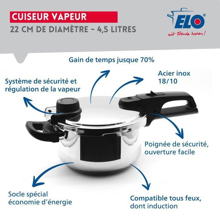 Fackelmann Elo Mistral Premium Cocotte-minute à vapeur en acier inoxydable 18/10, 22 cm, 4,5 L Fackelmann Elo Mistral Premium Cocotte-minute à vapeur en acier inoxydable 18/10, 22 cm, 4,5 L