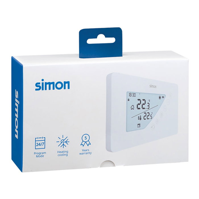 Simon Termostato digital programable hebdomadaire blanc avec écran LCD rétroéclairé et touches tactiles 160 x 18 x 100 mm Simon Termostato digital programable hebdomadaire blanc avec écran LCD rétroéclairé et touches tactiles 160 x 18 x 100 mm