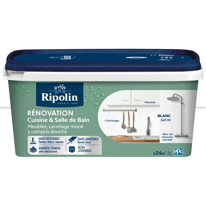 Ripolin - Peinture rénovation pour cuisine et salle de bain - Blanc satiné - 2 litres - Haute résistance aux taches, chocs et rayures - Ultra lessivable