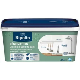 Ripolin - Peinture rénovation pour cuisine et salle de bain - Blanc satiné - 2 litres - Haute résistance aux taches, chocs et rayures - Ultra lessivable