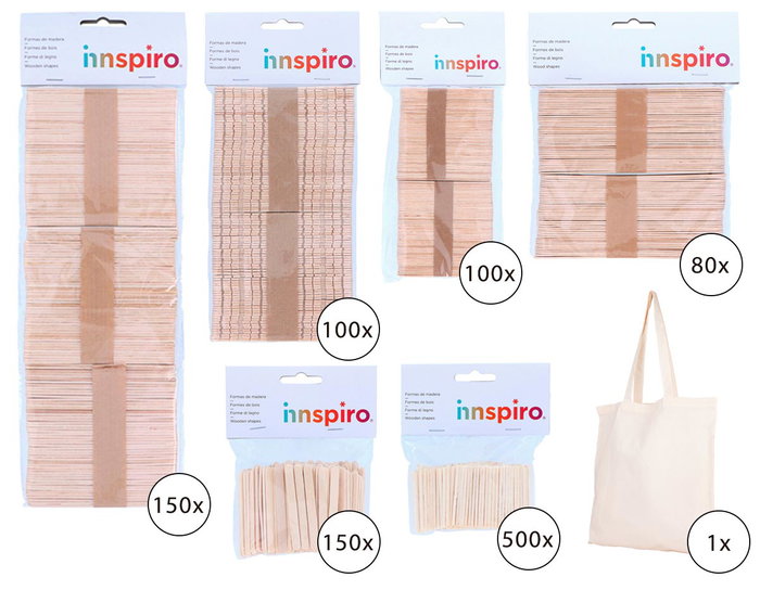 Innspiro Maxi pack scolaire de bâtonnets et bâtons en bois naturel avec sac, 1080 pièces
