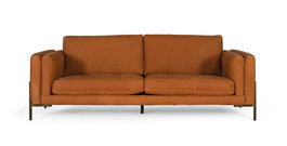 GINER Y COLOMER Canapé en cuir 3 places vintage 227 cm, canapé droit avec pattes en métal laiton, cuir chaleureux brun aux reflets orange