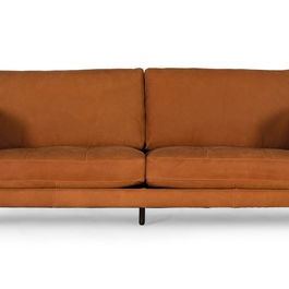 GINER Y COLOMER Canapé en cuir 3 places vintage 227 cm, canapé droit avec pattes en métal laiton, cuir chaleureux brun aux reflets orange