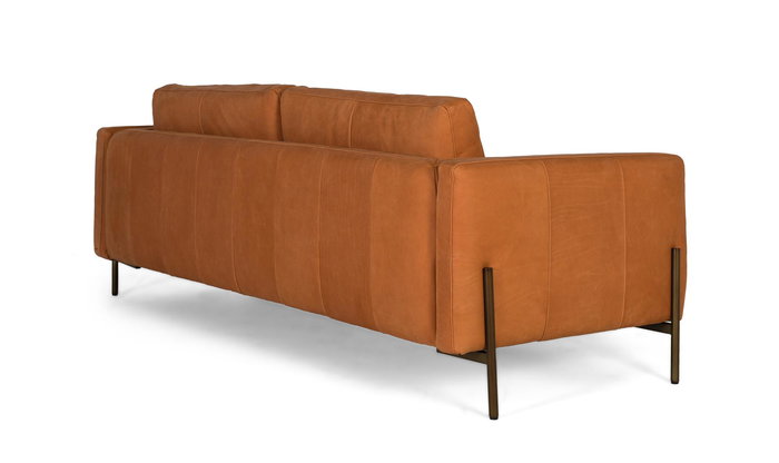 GINER Y COLOMER Canapé en cuir 3 places vintage 227 cm, canapé droit avec pattes en métal laiton, cuir chaleureux brun aux reflets orange