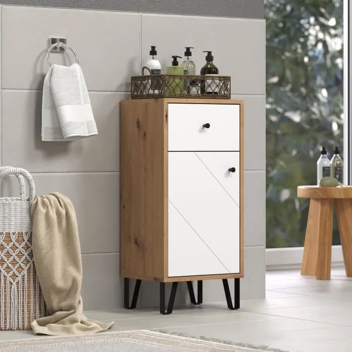 Ebuy24 - Meuble de salle de bain Touch - Armoire en panneaux de particules - Blanc mat avec décor chêne - Design contemporain