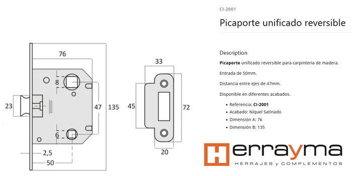 Picaporte unifié réversible 47 mm canto redondo inox CI-2001I (Boîte de 10)