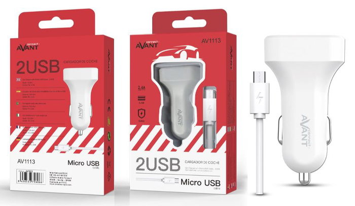 AVANT CONNECT Chargeur voiture 2.4A 2 ports USB + câble micro USB blanc