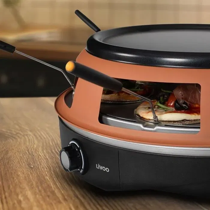 Livoo DOC304 Four à Pizza 1200W, Plateau 6 Mini Pizzas Ø10 cm Antiadhérent avec 6 Pelles et Emporte-Pièce Inclus