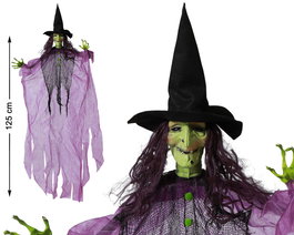 HALLOWEEN Figurine de Sorcière Suspendue Décorative 125 cm, Tunique Violette et Chapeau Pointu Noir, Décoration d'extérieur et d'intérieur