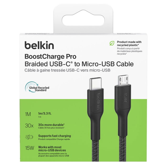 Belkin Câble USB-C vers Micro-USB tressé, 1 m, noir