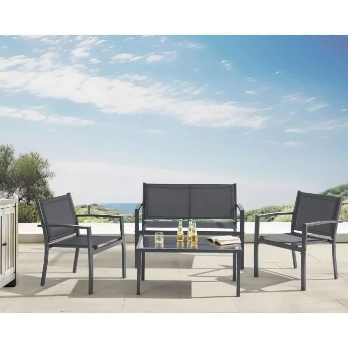 Sabaideco Salon de jardin CEBU en acier pour 4 personnes, canapé + 2 fauteuils + table basse, design moderne gris