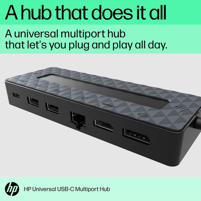 HP Hub Multiport USB-C Universel - Concentrateur 7 ports avec HDMI, DisplayPort, Passthrough pour 2 écrans 4K - Compatible PC USB-C