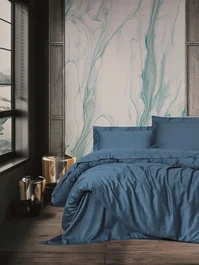 Parure de lit 1 personne Ranforce, housse de couette 140x200 cm + taies d'oreiller 60x60 cm en satin de coton 100%, bleu