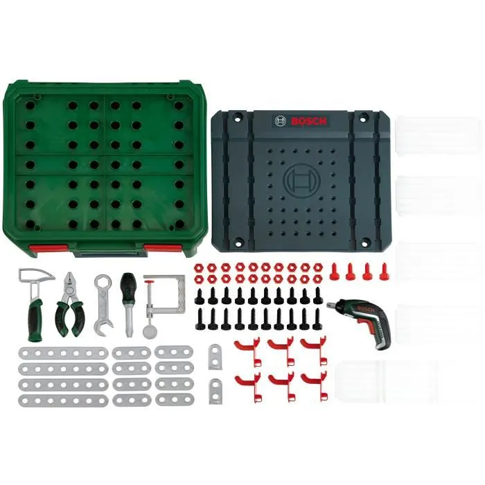 Klein - Mallette établi Bosch avec visseuse électronique Ixolino II et accessoires - 8396 - Jeu de bricolage enfant avec plan de travail et rangement
