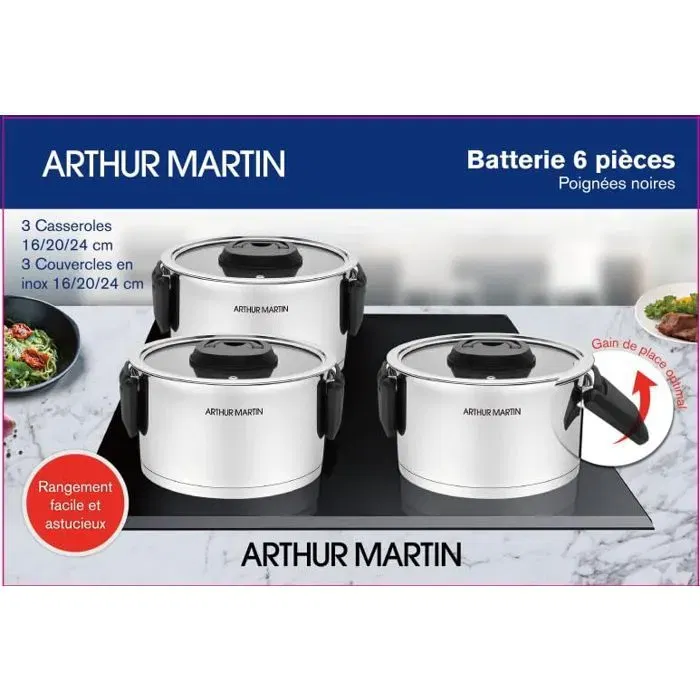 Arthur Martin Set 3 Marmites Poignées Rabattables Inox Induction - AM6321 - Acier Inoxydable, Finition Miroir et Satinée, Compatible Toutes Plaques