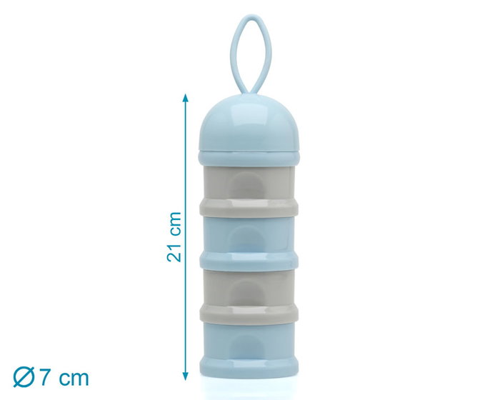 KioKids Distributeur de lait en poudre Tour à 4 compartiments de 85 ml, 340 mL, avec fermeture à vis et entonnoir, pour biberon et tétine - Bleu et Gris, +0 mois