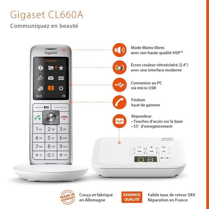 Gigaset CL 660 A - Téléphone fixe avec répondeur, écran couleur rétroéclairé 2.4 pouces, 400 contacts, Blanc Gigaset CL 660 A - Téléphone fixe avec répondeur, écran couleur rétroéclairé 2.4 pouces, 400 contacts, Blanc