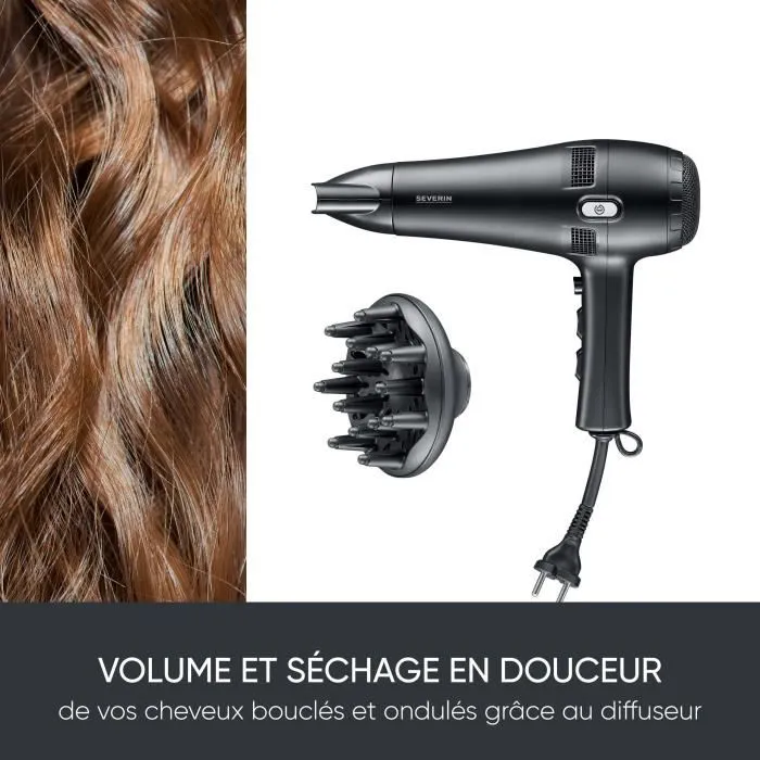Severin HT 0165 - Sèche-cheveux 2100 W avec câble rétractable - 3 niveaux de température - Diffuseur et concentrateur inclus - Noir