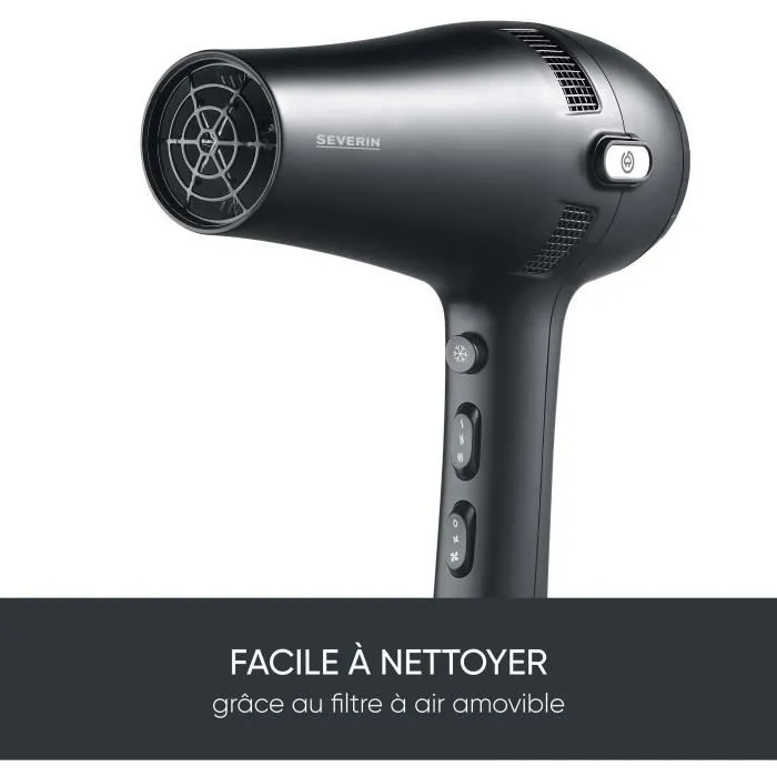 Severin HT 0165 - Sèche-cheveux 2100 W avec câble rétractable - 3 niveaux de température - Diffuseur et concentrateur inclus - Noir