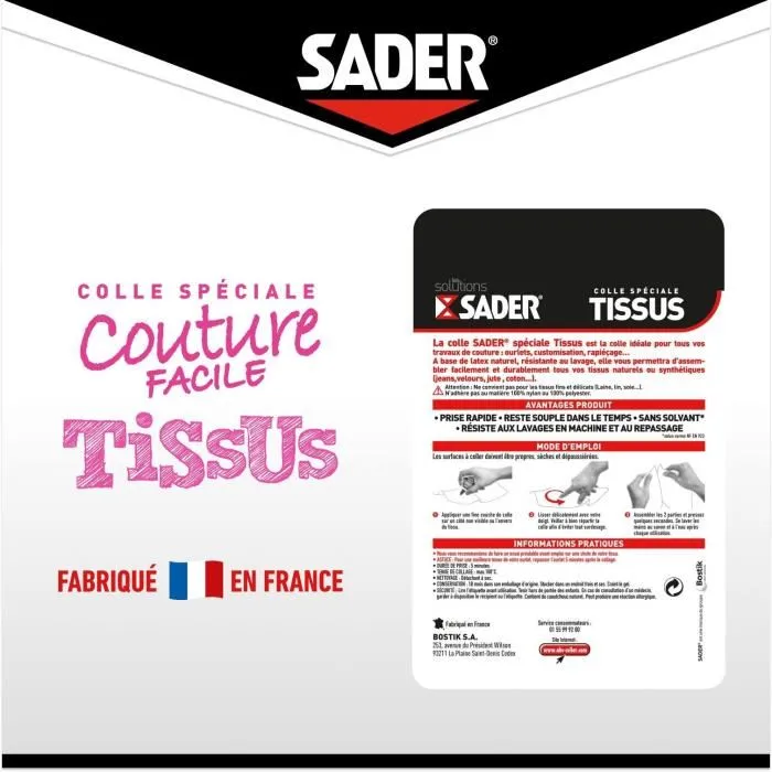 Sader - Colle textile pour tissus - Transparente - Résiste aux lavages machine et repassage - Pour ourlets, customisation, raccommodage - Flacon 40 ml
