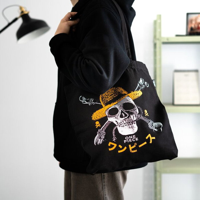 ERIK Sac shopping Jolly Roger One Piece - Taille 37x39x10 cm - Avec deux grandes anses pour l'épaule - 100% coton